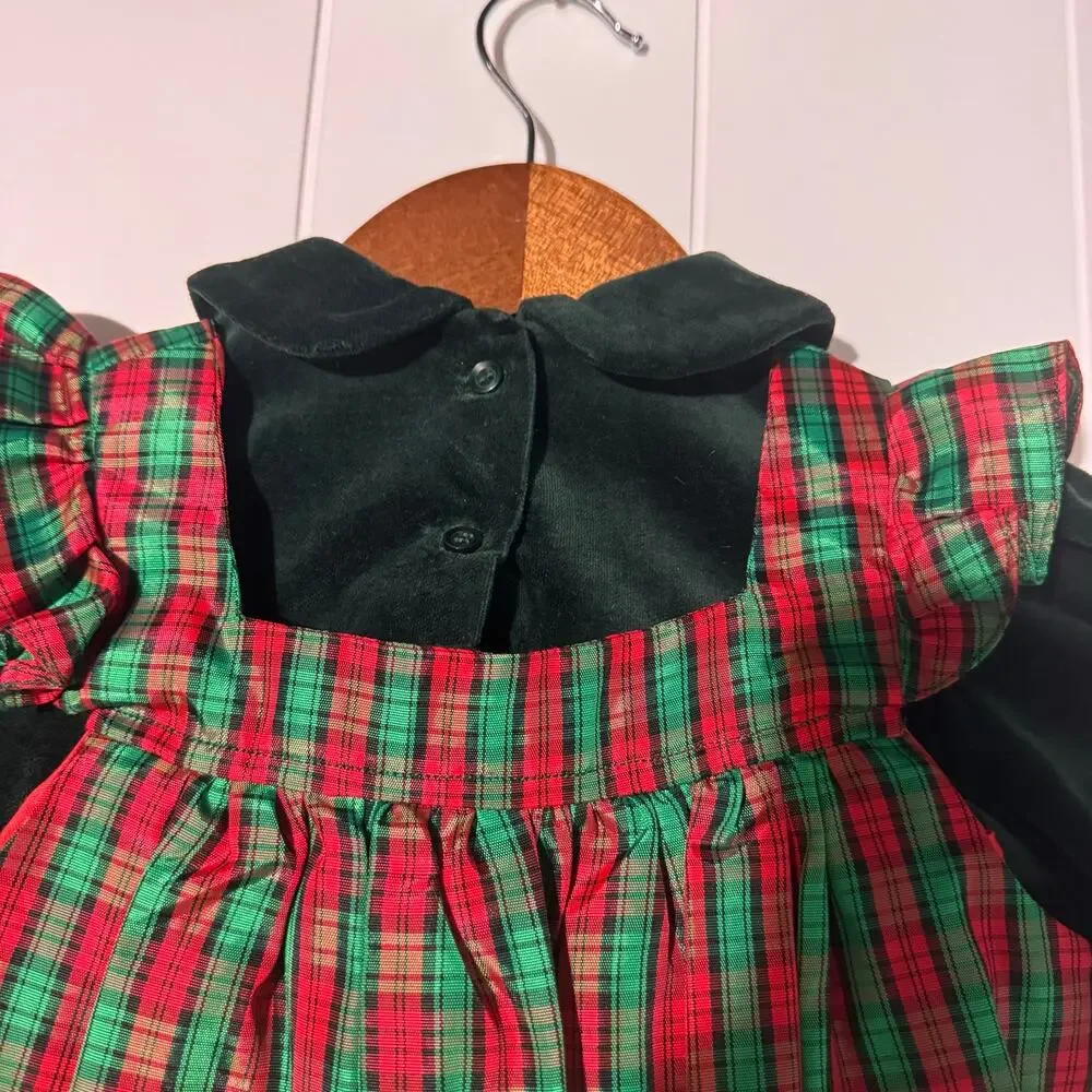 Handmade Girls Christmas Plaid Velvet Dress Red Green Holiday Size 18 Months